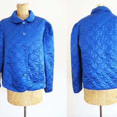 Vintage Blue Quilted Jacket M - 90s Blue Satin Bedroom Jacket - Floral Quilted Button Up Jacket - Peter Pan Collar 