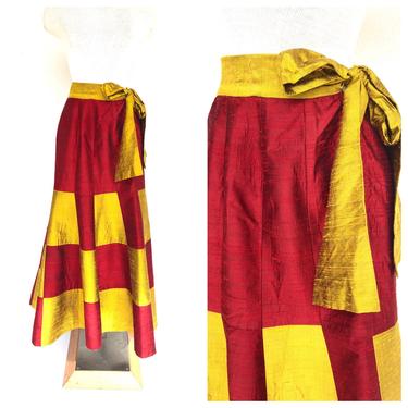 Vintage VTG Handmade 70s 1970s Red Yellow Colorblock Silk Maxi Skirt 