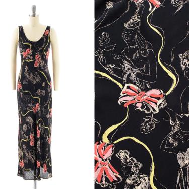 Vintage Y2K Dress | 2000s BETSEY JOHNSON 1940s Style Lady Woman Novelty Print Black Rayon Crepe Bias Cut Slip Dress Maxi Gown (x-small) 