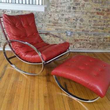 Renato Zevi for Selig Chrome and Leather Ellipse Rocking Chair with Ottoman 