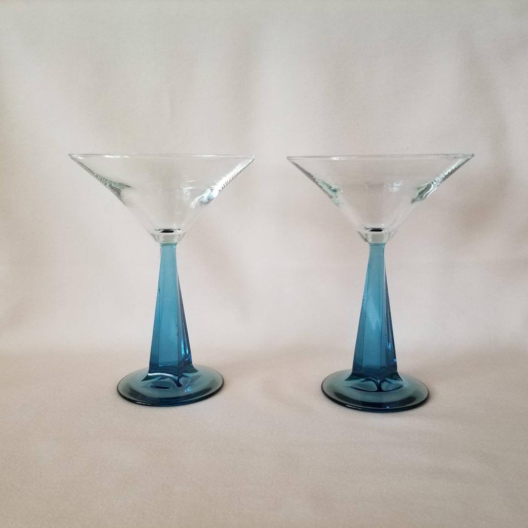 Vintage Blue Stem Martini Glasses / Martini Glass Set of Two / Sought