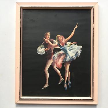 Vintage Ballet Art Print In Pale Pink Frame, Ballet Man And Woman Dancers, Black And Pink, Mid Century Modern, Shabby Chic 