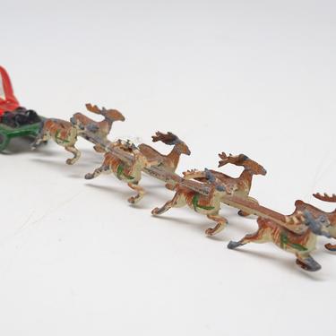 Vintage 1950's Lead Santa on Sled with Reindeer, Antique Hand Painted Toy Figure for Christmas 