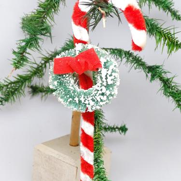 Vintage 1950's Chenille Candy Cane with Sisal Wreath Christmas Tree Ornament 