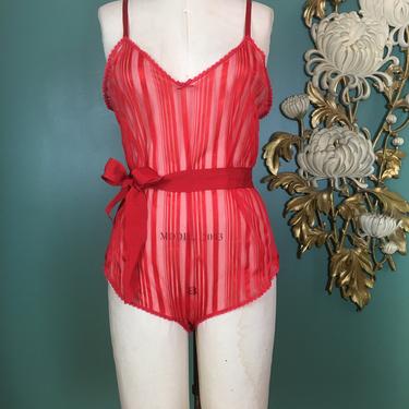 1970s teddy, vintage lingerie, red nylon, size medium, sheer striped, Shirley of hollywood, vintage teddy, 1970s lingerie, sexy, snap crotch 