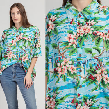 90s Hawaiian Aloha Shirt - Men's Large | Vintage Floral Palm Tree Print Print Button Up Rayon Top 