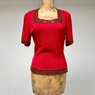 Vintage 1940s Red Rayon Crepe Beaded Blouse, 40s Crimson Short Sleeve Cocktail Top, Medium 40&amp;quot; Bust 
