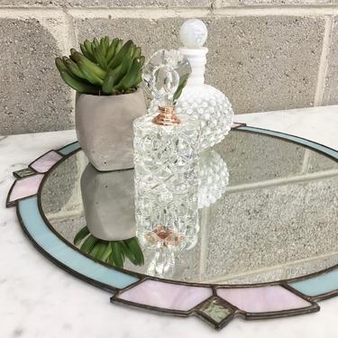 Vintage Mirrored Tray Retro 1980s Stained Glass + Baby Blue and Lavender + Iridescent + Round + Wall Mirror + Vanity and Home Decor 