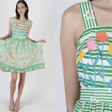 70s Hawaiian Floral Pockets Dress / Bright Striped Colorful Tulip Print / Horizontal Stripe Summer Party Dress / Womens Garden Lawn Mini 