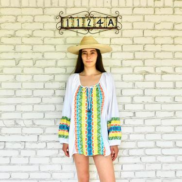 Embroidered Tunic // cotton boho hippie embroidered dress hippy blouse mini dress white sun 90s // O/S 