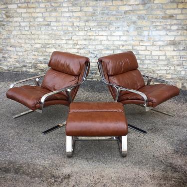 Italian Modern Flat Bar + Leather Chair-ottoman Set 