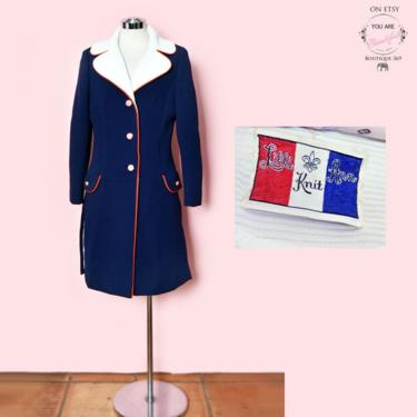 Lilli Ann Vintage Coat Blue, Red White & Blue, 1960's Designer Jacket, Size Medium Mid Century Clothing, Day Dress Coat, Knit Overcoat 
