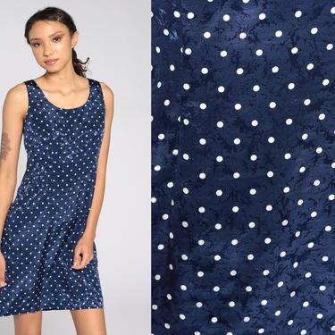 Polka Dot Dress 90s Mini Embossed Dress Dark Blue 80s Sleeveless Sheath Vintage 1990s Retro Preppy Small S 