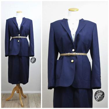 Vintage 1970s 80's Dark Navy Wool Skirt Tailored Dress Suit with TAGS! Giorgio Sant' Angelo New Pure Wool // US 8 10 Medium 