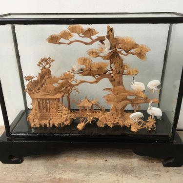 Vintage Asian Cork Diorama, Chinese Temple Cork Sculpture, Zen Asian 