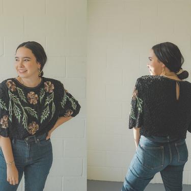 Vintage Silk Beaded Black Evening Blouse | Laurence Kazar New York Top| Floral Design | Size 2X 
