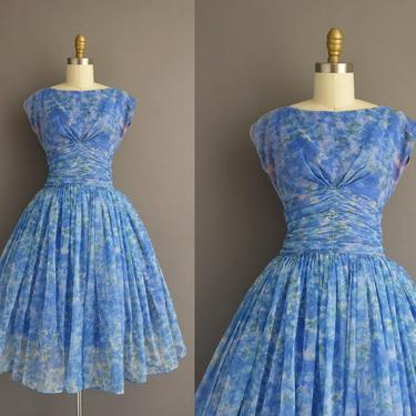 1950s vintage dress | Gorgeous Blue Floral Print Sweeping Full Skirt Cocktail Party Dress | Small | 50s dress 