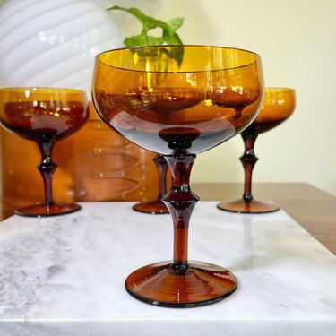 6 Vintage Amber Glass Champagne Coupes, Cocktail or Wine Glasses, Pedestal Dessert Cups - Thanksgiving Fall Autumn Holiday Tableware 