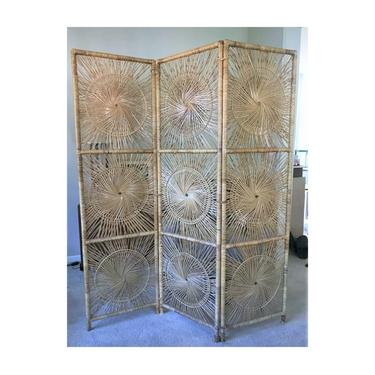 Vintage Rattan Sunburst Screen | Boho Wicker Room Divider | MCM Bamboo Privacy Partition Collapsible 