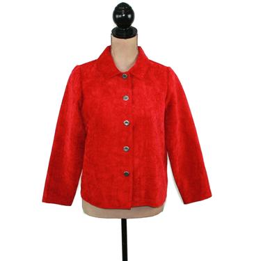 Red Jacket Petite Small, Boxy Collared Button Up, Corduroy with Tone on Tone Print, Casual Clothes Women, Vintage Clothing from Studio Works 