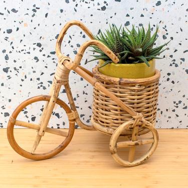 Vintage 1980s Rattan Tricycle Planter - Bamboo Wood Boho Decor Novelty Planter 
