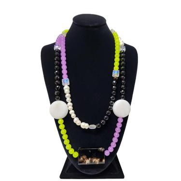 Pearl Jade Black Onyx and Iridescent Crystal 56 inch Necklace - Flapper Style Statement Necklace 