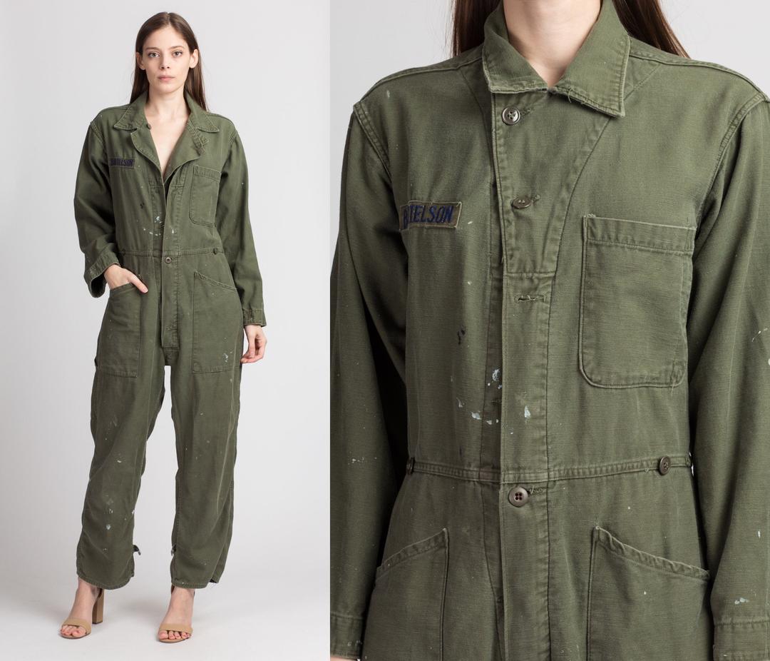 70s Olive Drab Distressed Army Coveralls Men's Small Vintage