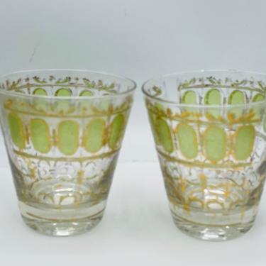Vintage Culver Glass  Olive green scroll GOLD Whiskey set 2 culver gate trellis water vintage - 22K Gold encrusted High ball Tumblers 