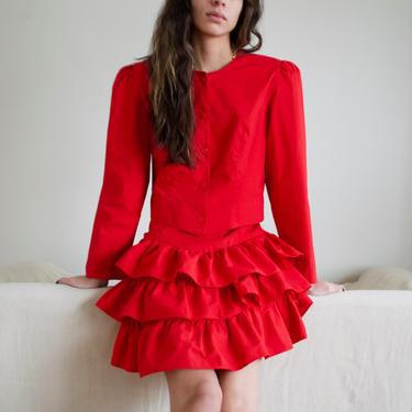 red cotton cropped jacket and ruffled skirt set / two piece set 