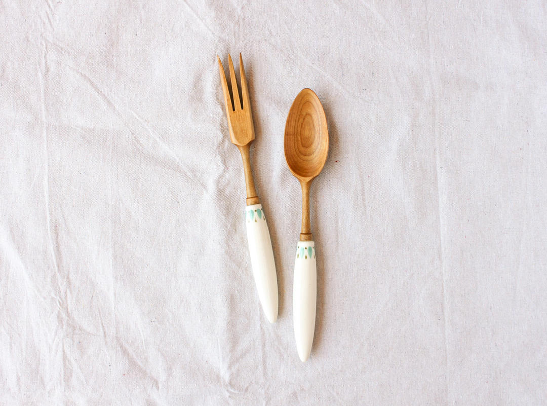 Vintage Porcelain Handle Hand Painted Watercolor Detail Salad Servers