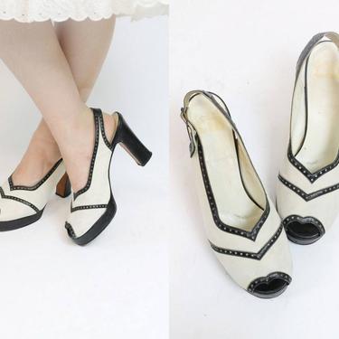 1970s does 1940s Shoes Platforms Size 7.5 /  70s Slingbacks Spectator Peep Toes  /  Bazaar CM Shoes 
