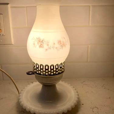 VINTAGE Milk Glass Table or Dresser Lamp, Antique Hand Painted Pink Floral HOBNAIL BASE Hurricane Light Art by LeChalet