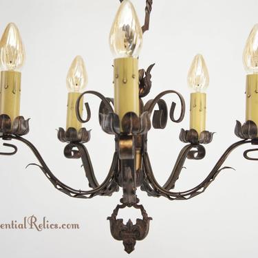 Cast and wrought iron 5-candle chandelier, circa 1920s