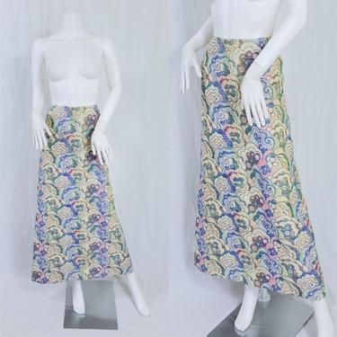 1970's Pastel Blue Pink Long Woven Rayon Tapestry Maxi Skirt I Sz Med I Japanses Kumo Cloud Design 