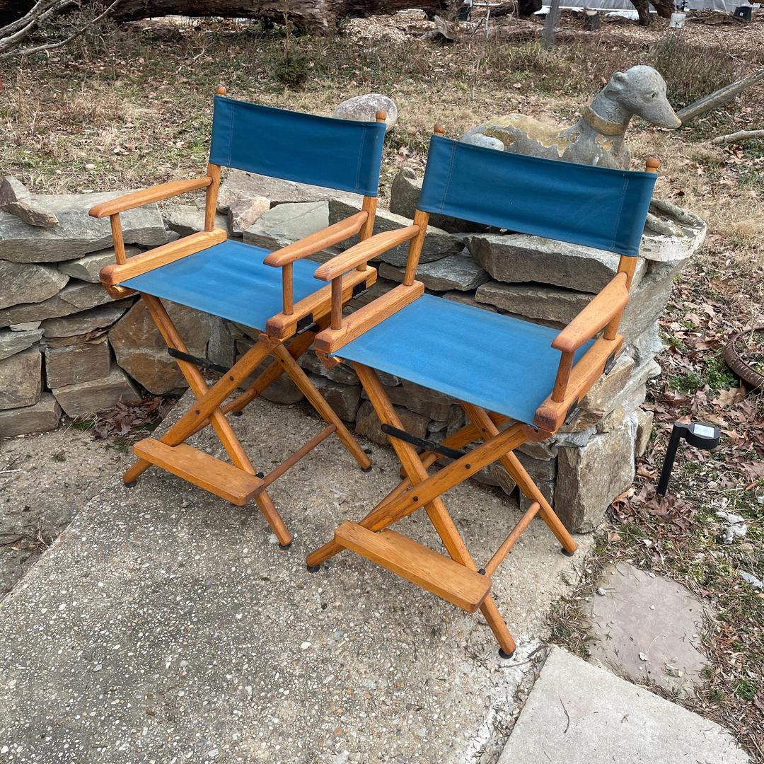 1970s Vintage Oak Tall Blue Canvas Folding Telescope Directors Chairs