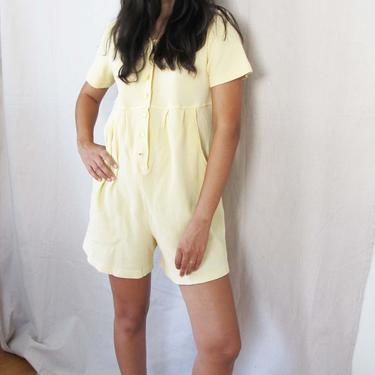 Vintage 90s Romper S M  - 90s Cream Yellow Waffle Knit One Piece - Short Sleeve Button Front Romper - Casual Relaxed Comfortable Lounge 