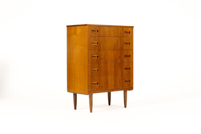 Danish Modern Mid Century Teak Upright Dresser 5 Drawers