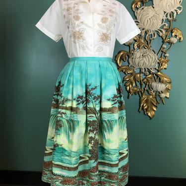 1950s cotton skirt, novelty print skirt, vintage 50s skirt, 26 waist, Niagara Falls, scenic print, aqua, high waist, pleated, summer skirt 