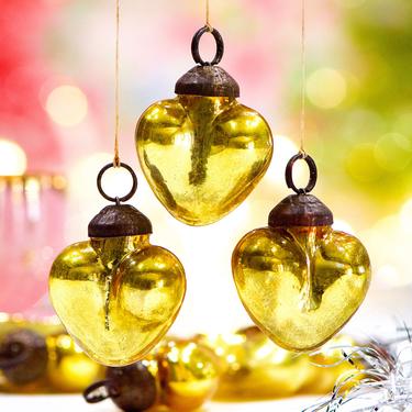 VINTAGE: 5pc Small Thick Mercury Glass Heart Ornaments - Mid Weight Kugel Style Ornaments - Yellow Heart Pendants - SKU 3-D1-00031424 