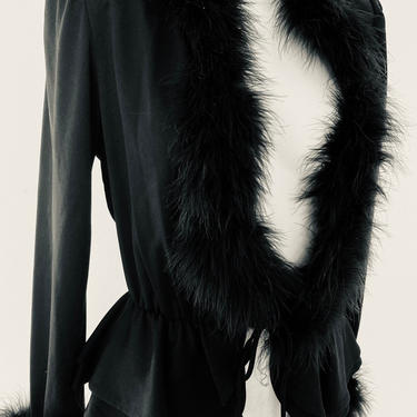 70s Vintage fur top, plunging neck dress top, women’s black tie top, hostess loungewear size small 