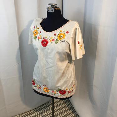 1950s embroidered linen huipil floral blouse 38 L 