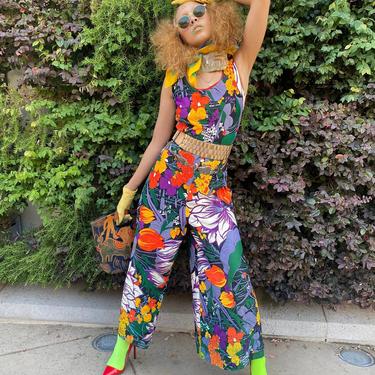Vintage TROPICAL Print Jumpsuit bright colored floral print jumpsuit, sleeveless, lightweight material 