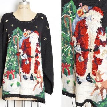 vintage 90s sweater christmas santa clause tree print black jumper top shirt XL clothing holiday 