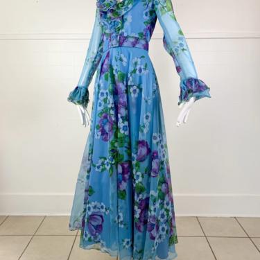 60’s blue shear floral maxi dress w/ belt 
