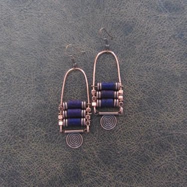 Purple lava rock earrings, chandelier earrings, etched copper earrings, bold statement earrings, ethnic earrings, bohemian boho chic earring 