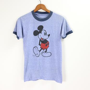 Vintage Ringer Tee / Mickey Mouse T Shirt / 90's Blue Top S/M 