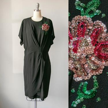 1940s Dress Rayon Crepe Sequin XL 