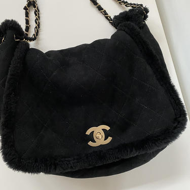 Vintage CHANEL Large CC Turnlock Classic Flap Black SHEARLING