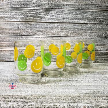 Smiley Face Glasses, 4 Vintage Smiley Glasses, Retro Kitchen Glasses, Vintage Glassware, 1970s Groovy Drink Glasses, Vintage Kitchen 