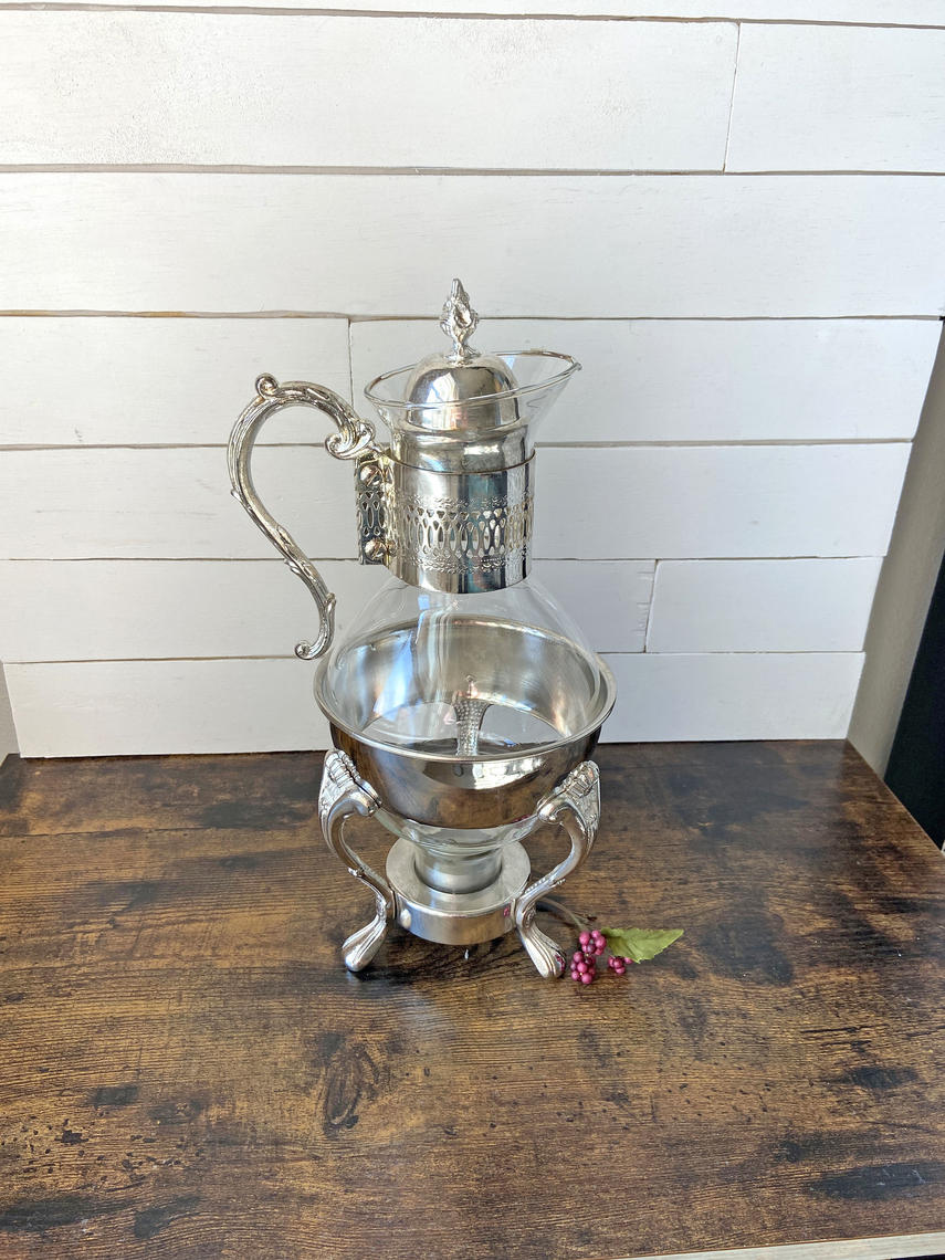 Vintage Silver Plate & Glass Coffee / Tea Carafe Pitcher With Warmer Stand